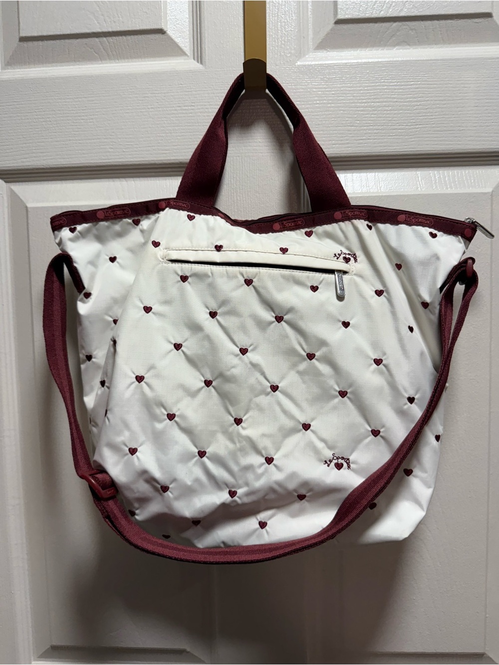 LeSportsac Quilted style Heart Print White & Burgundy Tote Bag